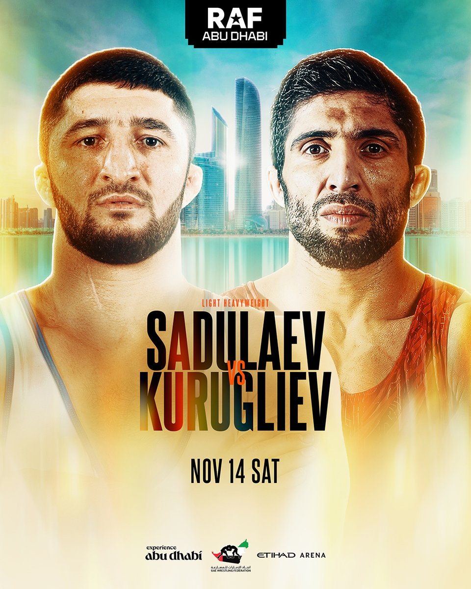 RAFWrestlingUSA's tweet photo. THIS ONE'S MASSIVE 🔥

2x Olympic Gold Medalist Abdulrashid Sadulaev takes on Olympic Bronze Medalist Dauren Kurugliev at #RAFABUDHABI on NOV 14 at Etihad Arena.

Tickets on sale now at the link in bio. https://t.co/gIPQzyQiqf