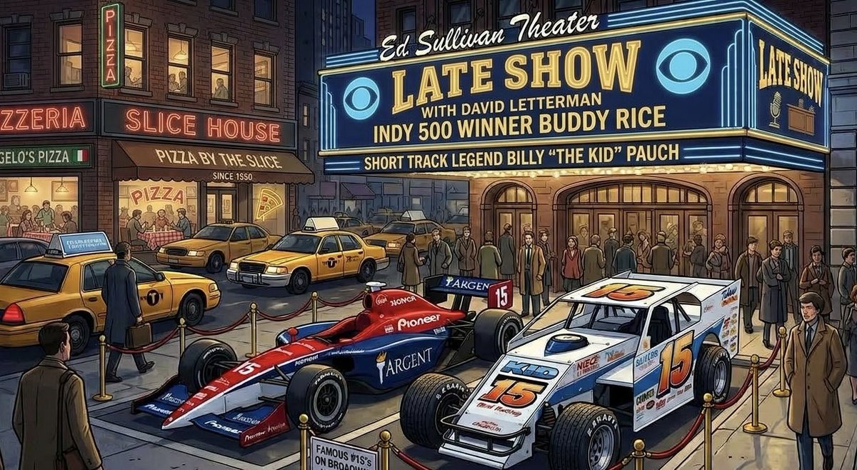 CarsAndSlicesTV's tweet photo. Happy Monday! We are saluting the iconic No. 15 today as Midtown just became a high-octane crime scene. 🏎️💨🍕

We packed the marquee at the Ed Sullivan Theater with pure racing royalty to kick off the week, and the stories on these two hitmen are completely criminal:

🏁 Billy “The Kid” Pauch is a living institution with 749 career wins! The ultimate short-track mercenary, Pauch didn't care about the discipline—he just showed up to execute. He proved his legendary versatility when he ambushed the pavement world, stepping in as a last-minute substitute to pilot Mario Fiore's iconic No. 44 to a stunning, come-from-behind victory at the 1993 NASCAR Race of Champions at Flemington. Dirt modifieds, WoO sprints, asphalt modifieds—The Kid mastered them all.

🏆 Buddy Rice pulled off a successful trip to Indy like no other. During the 2004 Month of May, he didn't just win; he staged a total hijacking of the Indianapolis Motor Speedway. Driving the legendary No. 15 Argent/Pioneer machine, Rice swept the month by taking the pole position at 222.024 mph, winning the coveted Carb Day Pit Stop Contest, and leading a field-high 91 lapsin a rain-shortened thriller that ended under threat of a literal tornado.

📺 David Letterman wasn't just a late-night host; his racing roots run deep. Dave grew up a true clock-watching fanatic of the Indy 500. He forged a friendship with 1986 winner Bobby Rahal that turned into a business alliance in 1996. But 2004 was the milestone—the very first year the team was officially rebranded as Rahal Letterman Racing, putting Dave's name on the engine cover just in time for Rice to deliver him the ultimate victory lane milk bottle.

The cars are parked, the drivers are on stage, and the pit crews are currently cleaning out Angelo's Pizza.
#HappyMonday #Indy500 #BillyPauch #BuddyRice