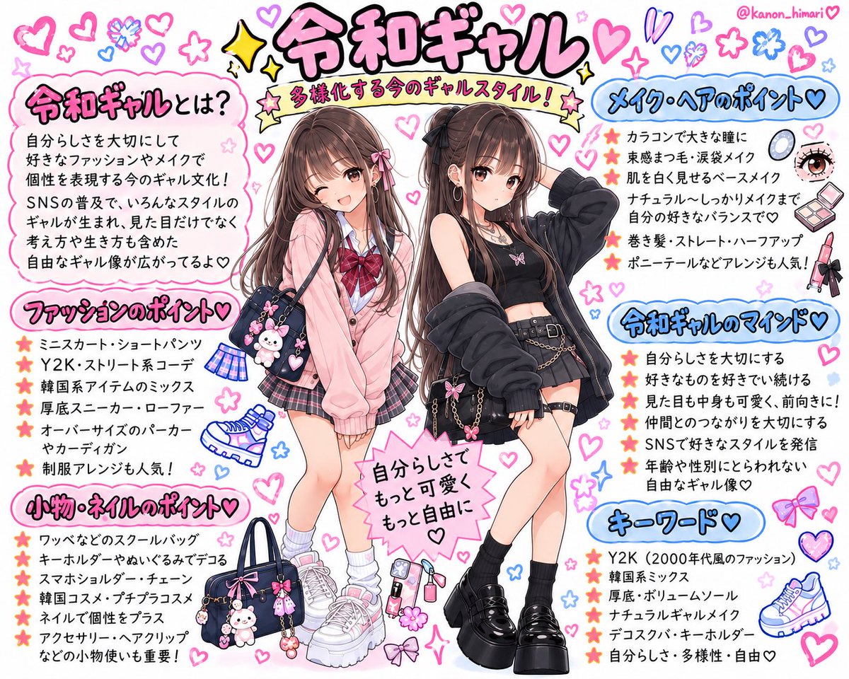 kanon_himari's tweet photo. ✨令和ギャル✨
多様化する今のギャルスタイル！

私の年代のギャルスタイルはこれ👇
Y2Kや韓国系、制服アレンジのプレッピー🎀
ギャルも多様性な自由な時代💗

ねぇ令和のギャルも悪くないでしょ？

※今回の令和ギャルは代表的な一例です。令和ギャルの在り方をすべて網羅したものではありません。実際のデータと異なる場合もあるため、ご了承ください🙇‍♀️

#令和ギャル #AIart️️️️️️️️️️️️️️️️️️️️️️️️️️️️️️️️️️️️️️️️️️️️️️️️️️️