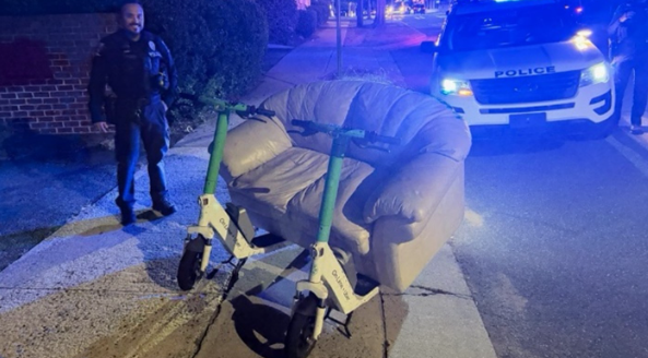 Local12's tweet photo. Authorities executed a traffic stop on two men who were caught behind the handlebars of a leather couch that had been mounted on two e-scooters. 

"While we appreciate the creativity, we do have to remind everyone: no matter what you’re 'driving,' please think about safety." https://t.co/MadB49UxQM