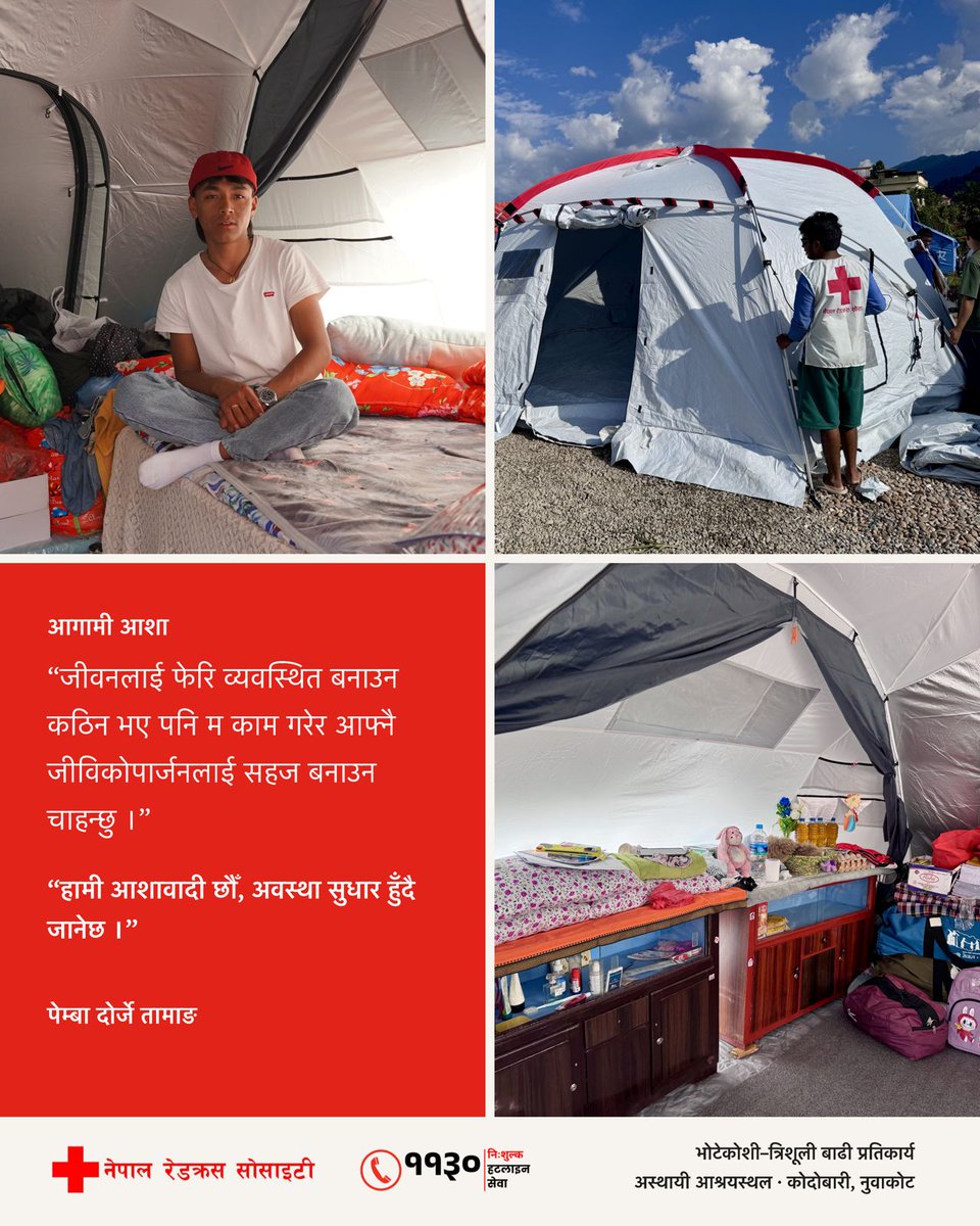 NepalRedCross's tweet photo. “Even though rebuilding life is tough, I want to restore my livelihood. We remain hopeful that things will improve.” — Pemba Dorje Tamang   

Temporary shelters set up at Kodobari, Nuwakot during the Bhotekoshi-Trishuli flood response.   📞 #NepalRedCross #FloodResponse https://t.co/xHIiixoL8h