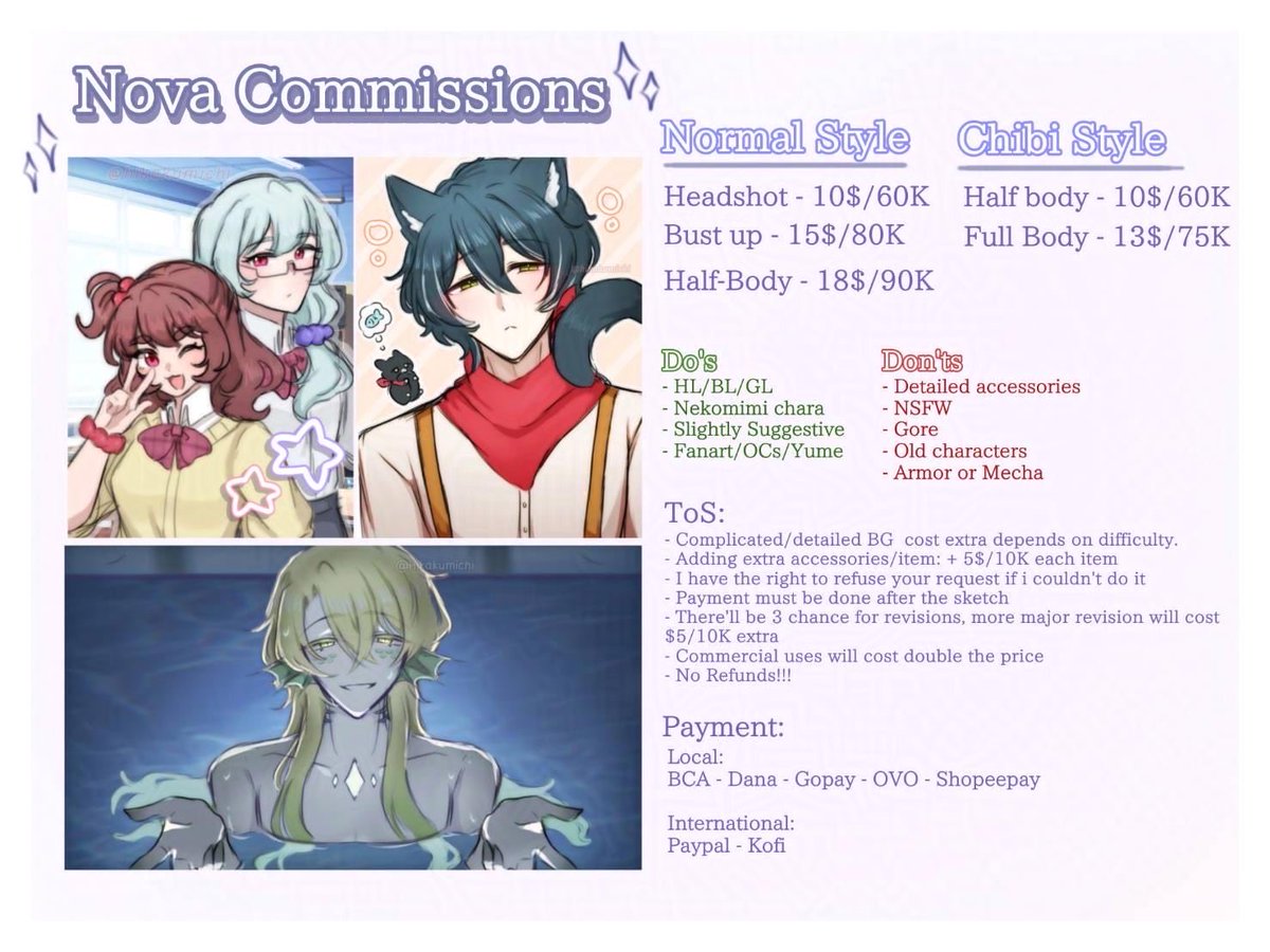 HikakuMichi's tweet photo. ((RTs or any supports are appreciated!!))

✨[Nova’s Commission Sheet]✨

I am once again open for commissions!!
Feel free to DM me if you are interested or have any questions about it!! ✨

More commissions results could be checked on #CommsHika 

#Opencommissions #artidn https://t.co/hQK5kvwI5C