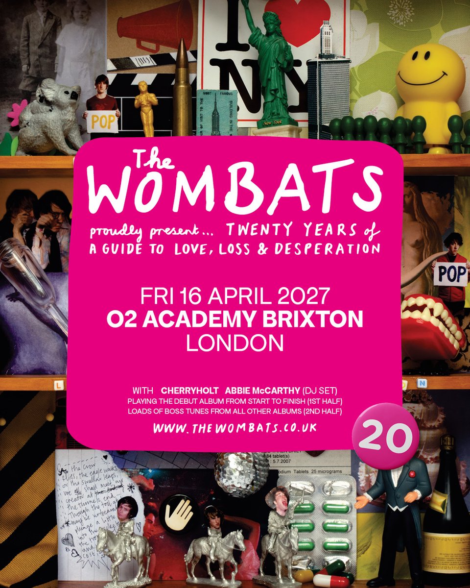 O2AcademyBrix's tweet photo. 20 years of A Guide To Love, Loss &amp; Desperation 💙

@thewombats return to #O2AcademyBrixton on Fri 16 Apr 2027 for a very special celebration of their iconic debut album. 

🎟️ O2 Priority tickets on sale Wed 14 Oct, 9am
🎟️ General sale begins Fri 16 Oct, 9am https://t.co/eP0zcLJziz
