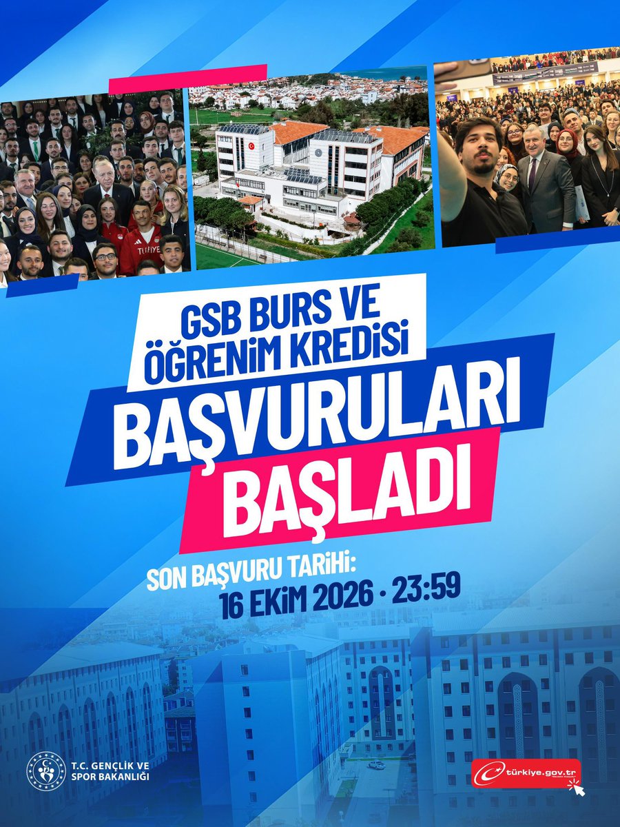 GSB_Bitlis's tweet photo. Sevgili Gençler; 

📣GSB Burs ve Öğrenim Kredisi başvuruları an itibarıyla başladı.

📌Başvurularınızı e-Devlet sistemi üzerinden 16 Ekim saat 23.59'a kadar gerçekleştirebilirsiniz.

Tüm imkânlarımızla daima yanınızda olmaya devam edeceğiz.🇹🇷 #GSBHepYanında https://t.co/S8hrGZXb6M