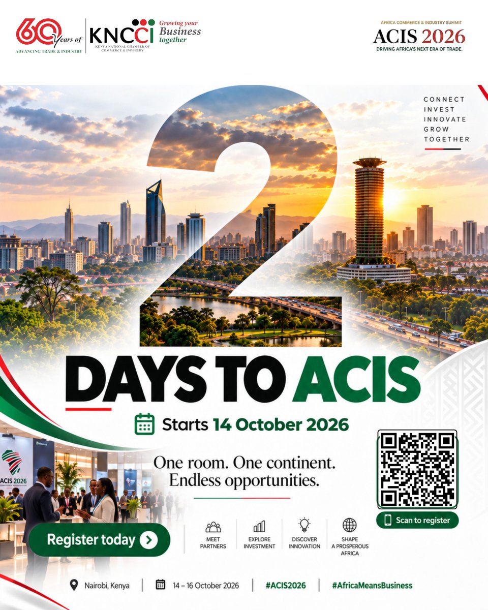 Milele_FM's tweet photo. 2 DAYS TO ACIS 2026! π
π
14β16 October 2026
π Uhuru Gardens, Nairobi
Register at https://t.co/sksTWxAE1e or scan the QR code to register!
#KNCCI #ACIS2026 #60YearsOfKNCCI #AfricaCommerceAndIndustrySummit #AfricaTrade #InvestInAfrica #AfricaMeansBusiness https://t.co/iCgKM463OH