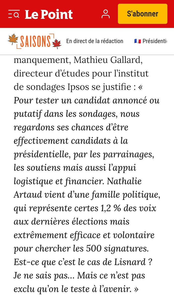 Salles_Laurent's tweet photo. Le directeur d'Ipsos révèle dans Le Point pourquoi il ne teste pas @davidlisnard. Accrochez-vous, c'est du grand art !

Il regarde « les parrainages, les soutiens, l'appui logistique et financier ». Et ajoute : « Est-ce le cas de Lisnard ? Je ne sais pas… ».

On peut l'aider : 500 promesses de parrainage annoncées par @davidlisnard dès le 2 septembre. Plus de 50 000 adhérents à Nouvelle Énergie. Un parti qui se structure partout et qui a la pluus forte dynamique d'adhésion. 🚀

Par contre, il teste Arthaud et ses 1,2 % parce qu'elle est « extrêmement efficace et volontaire » pour chercher ses signatures ?! On atteint le sommet du ridicule.

Un institut de sondages qui ne sait pas, ça se corrige. Un institut de sondage qui fais semblant de ne pas voir une candidature, ça se corrige aussi. 
Testez-le ! 

#Lisnard2027