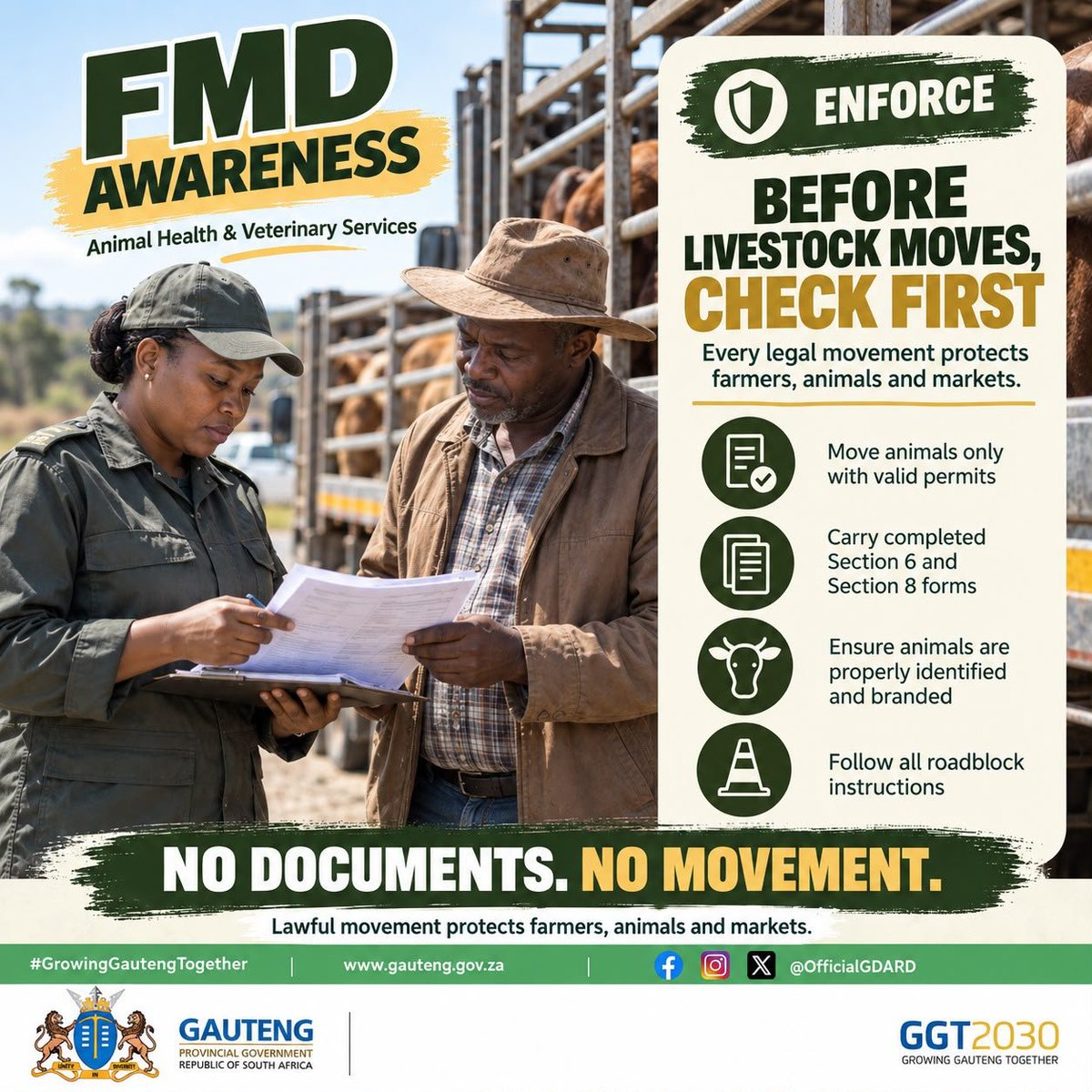 OfficialGDARD's tweet photo. Farmers must ensure valid permits, completed Section 6 and Section 8 forms, and proper livestock identification and branding before moving animals. Always follow roadblock instructions. Protect animal health and agricultural markets.

@OfficialGDARD #GrowingGautengTogether https://t.co/OaTbEw31Iq