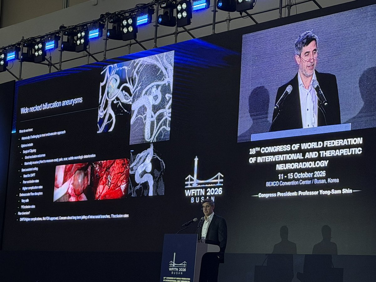 M_AboAly's tweet photo. Fascinating insights from @DavidAltschulMD at #WFITN2026 in Busan!  
Key updates on wide-necked bifurcation aneurysms and the SEAL-IT trial. 🧠✨  
#WFITN #InterventionalNeuroradiology #NeuroIntervention #Aneurysm #SEALITtrial #MedTwitter https://t.co/Ta1mfQNYXQ