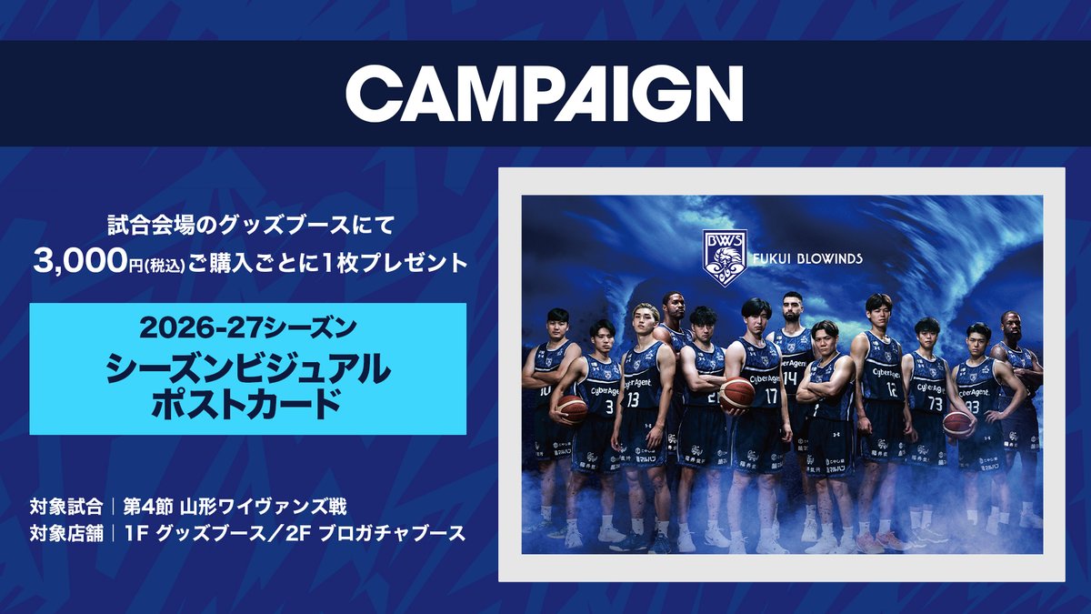 FUKUI_BLOWINDS's tweet photo. 【グッズ情報】
／
「シーズンビジュアル ポストカード」が
もらえるキャンペーン開催決定！🎁
＼

▍配布条件
グッズブースで1会計3,000円(税込)ごとに1枚プレゼント✨

📅 10/14(水) #山形ワイヴァンズ 戦
📍 セーレン・ドリームアリーナ
　※予定枚数に達し次第、配布終了となります。

🔽詳細はこちら
https://t.co/YPDoxiSWQ4