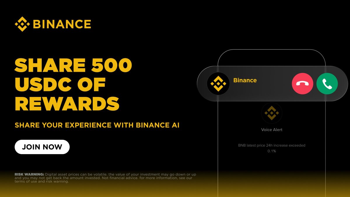 BinanceAngels's tweet photo. 🤖Tried #BinanceAI yet? We want your feedback!

Text it, test it and then tell us what you really think for a chance to win rewards!

Prize pool: 500 USDC

Here's how to enter:
1️⃣ Follow the Binance Angels X account
2️⃣ Repost this post answering: “I just texted Binance AI, here is my honest feedback” 
3️⃣ Include the hashtag #BinanceAI in your post
4️⃣ Share the link to your X post in the Binance Discord #builders-chat channel: https://t.co/f1ajrPWgM7

The 25 users who share the best, most constructive feedback will split the 500 USDC prize pool. Winners will be selected based on the depth and quality of feedback provided.

Campaign Period: Till 2026-10-18 23:59 (UTC)

🚫Not financial advice. Not available to residents of the European Economic Area (EEA).