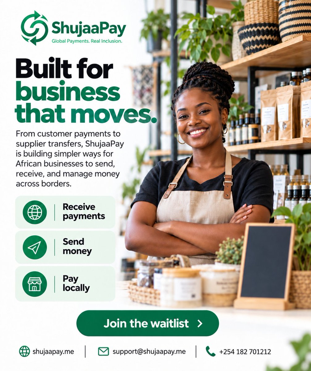 Shujaapay's tweet photo. POV: Your small business is no longer small, but your payment struggles are still doing the most.

Customers here, suppliers there, international orders coming in... biashara inaenda global!

And then there's ShujaaPay, building simpler ways to send, receive, and manage payments across borders.

Because surely, business growth should come with better payment solutions, si stress mingi.

Join the waitlist: https://t.co/ACmw2fE73k

#ShujaaPay #Biashara #SmallBusinessKenya #FintechAfrica #AfricanBusinesses #GlobalPayments #fyp