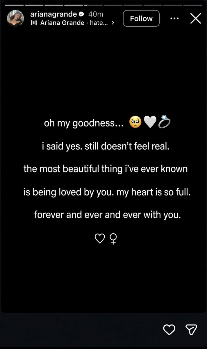 justmercy__'s tweet photo. Ariana Grande has just announced on her IG Story that her boyfriend, Ricky Alvarez, proposed to her, and they might be getting married soon! Congratulations to Ariana! ❤️ https://t.co/nQ9lZvlv2P