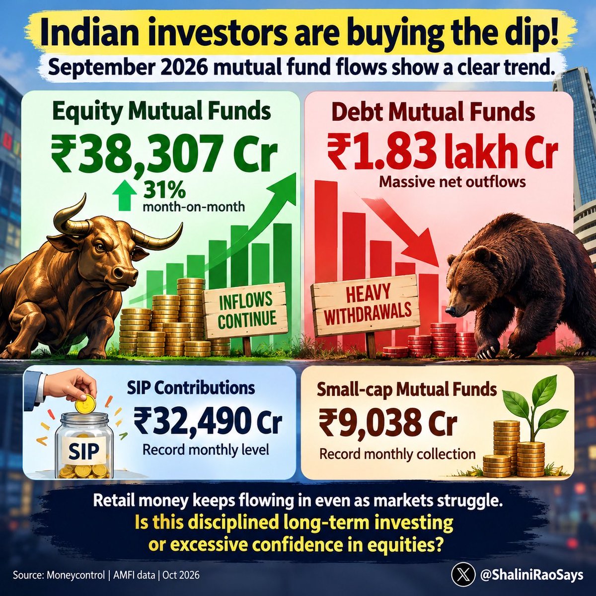 ShaliniRaoSays's tweet photo. Fear in the markets, but SIP money keeps flowing! 👏
Appreciate the discipline of Indian investors who keep investing through volatility. Wealth is built by consistency….
#SIP #MFFlows #EquityFlows #AMFI https://t.co/ZxflaNmalC