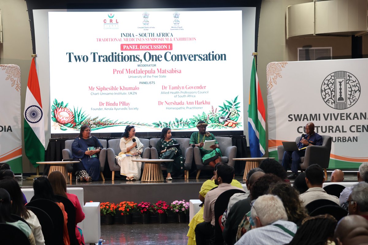 CGIDurban's tweet photo. Dialogue, Discovery and Collaboration! 

Two engaging panel discussions brought Day 1 of the inaugural India–South Africa Traditional Medicines Symposium & Exhibition to a close.

The discussions explored synergies between Indian AYUSH systems and South African traditional medicine, with a focus on research, evidence-based practices, safety, regulation and pathways for future collaboration.

@MEAIndia @moayush @hci_pretoria @IndianDiplomacy @PIB_India