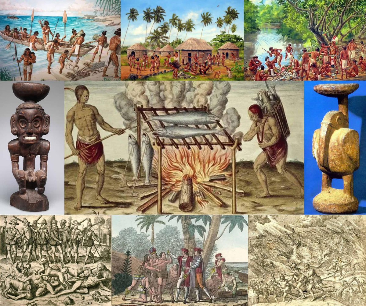 wcchen's tweet photo. When Christopher Columbus arrived on Guanahani (San Salvador) in 1492, he encountered the Taíno people, described in his letters as "naked as the day they were born." The Taíno had complex hierarchical religious, political, and social systems. Skilled farmers and navigators, they wrote music and poetry and created powerfully expressive objects. They were the #Caribbean’s most numerous indigenous people; inhabited Cuba, #Jamaica, Hispaniola, Puerto Rico, and the Virgin Islands. By 1550, the Taíno were close to extinction, many having succumbed to diseases brought by the Spaniards. Taíno influences survived; today appear in the beliefs, religions, language, and music of Caribbean cultures.
https://t.co/bNzc8xZFgQ