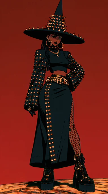 Digital illustration (via Midjourney) of a Black woman as a glam goth witch, drawn in a bold anime comic style against a deep blood red background with a cracked, glowing orange ground beneath her. She wears an enormous black witch hat covered in gold-tipped spikes, with more spikes lining the wide brim. Under it she has blunt bangs, long thin braids, black lipstick, and large gold hoop earrings. A spiked choker and a gold chain with a cross sit at her neck. Her cropped black jacket has huge sleeves studded with gold spikes, worn over a black crop top that shows her midriff. A wide spiked belt with a gold buckle sits above a long black maxi skirt trimmed with rows of shining gold studs and split to reveal a fishnet covered leg. She stands in chunky black platform combat boots, one hand on her hip, viewed from a low angle.