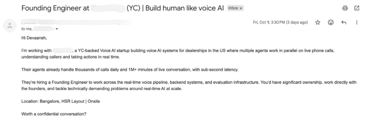 ThisIsBhandari's tweet photo. Recently got approached about another opportunity at a YC-backed startup.

The role offers ₹20–30 LPA + 0.1% equity for freshers, with higher compensation for experienced candidates, as listed on the YC startup portal.

I'm not applying myself, but if you're interested, DM me. I'd love to help.

I've been getting opportunities like this almost every month, simply because I started sharing my work publicly.

You never know who's reading your posts or what opportunities might come your way because of them.

Build in public. It will change your career.