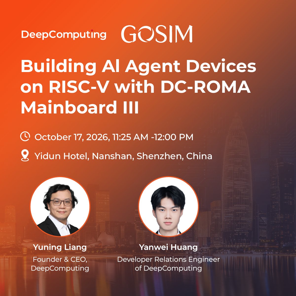 DeepComputingio's tweet photo. As AI agents move from software into physical devices, the hardware behind them needs to become more flexible and accessible. Open architectures like RISC-V offer new possibilities for building and adapting AI systems at the edge.

At GOSIM Shenzhen 2026, @Yuning_XC5 , Founder & CEO of DeepComputing, and Yanwei Huang, Developer Relations Engineer of DeepComputing, will explore how DC-ROMA Mainboard III brings RISC-V into AI agent devices, and what open hardware can enable for developers building intelligent systems.

#GOSIM #GOSIMShenzhen #RISCV #AI #AgenticDevices #OpenHardware