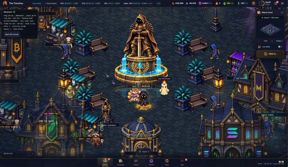 0xDevon7's tweet photo. GM. back in the Pit today.

peek at The Trenches where your Anon lands between runs. shops, faction corners, other Anons, and other mysteries over the Square.

Polishing the world and testing two regional servers: Americas + Asia. Still things to refine, but it’s coming together nicely