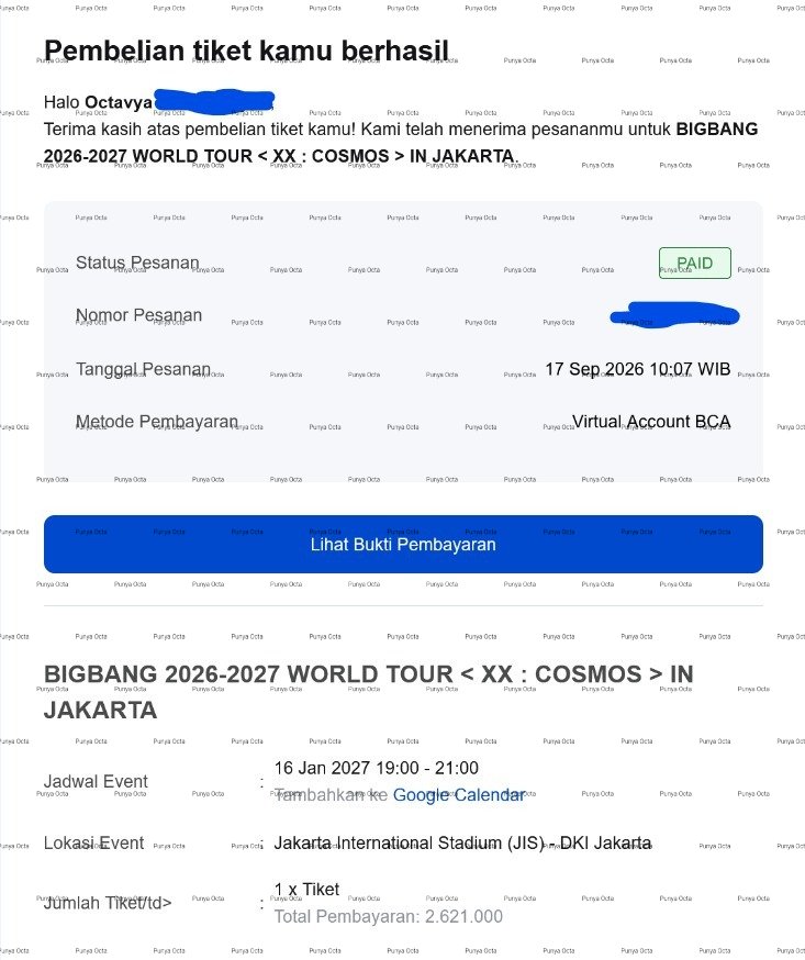 ocljoyfull's tweet photo. WTS BIGBANG JAKARTA
1 tix CAT 5a day 1 - Harga sesuai invoice (2.621.000)
MEMBERSHIP PRESALE
Data pribadi ku
Diurus sampai WB
COD st krl bekasi, jkt, depok, bogor
Boleh dm yaa
Aku juga nntn di hari & cat yg sama jd ga mungkin aku jd amuba😭
#wts #wtb #zonauang #bigbang https://t.co/VE4fLUfhh8