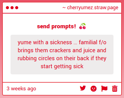 cherryumez's tweet photo. ꜝꜝ﹒∿꒷꒦ familial f/o bringing sick yume crackers and juice and rubbing circles on their back if they start getting sick

#yumetwt #yumeprompts https://t.co/RwjRzqAieB