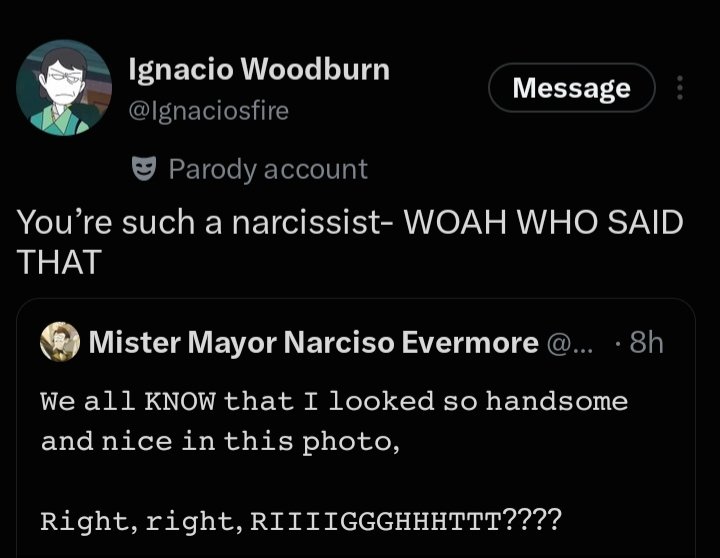 MayorNEvermore's tweet photo. 𝙾𝚑𝚑𝚑, 𝙼𝚛. 𝙸𝚐𝚗𝚊𝚌𝚒𝚘! 𝚈𝚘𝚞 𝚏𝚕𝚊𝚝𝚝𝚎𝚛 𝚖𝚎 𝚝𝚘𝚘 𝚖𝚞𝚌𝚑 𝚘𝚗 𝚢𝚘𝚞𝚛 𝚙𝚘𝚜𝚝𝚜!

𝙰𝚗𝚍 𝚘𝚏𝚌𝚘𝚞𝚛𝚜𝚎 𝙸'𝚕𝚕 𝚕𝚎𝚝 𝚢𝚘𝚞 𝚔𝚎𝚎𝚙 𝚢𝚘𝚞𝚛 𝚐𝚞𝚗! 𝙰𝚜 𝚠𝚎 𝚔𝚗𝚘𝚠, 𝚢𝚘𝚞'𝚛𝚎 𝚊 𝐕𝐄𝐑𝐘, 𝚒𝚖𝚙𝚘𝚛𝚝𝚊𝚗𝚝 𝚖𝚎𝚖𝚋𝚎𝚛 𝚝𝚘 𝚖𝚎... https://t.co/GMssVOzpmK