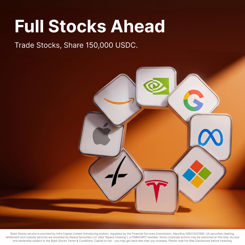 Bybit_Official's tweet photo. Full Stocks Ahead is LIVE!
$150,000 USDC Prize Pool up for grabs.
Trade from Oct 12–31 and claim your share.
Don't miss the ride.
#BybitStocks #MakeYourMove