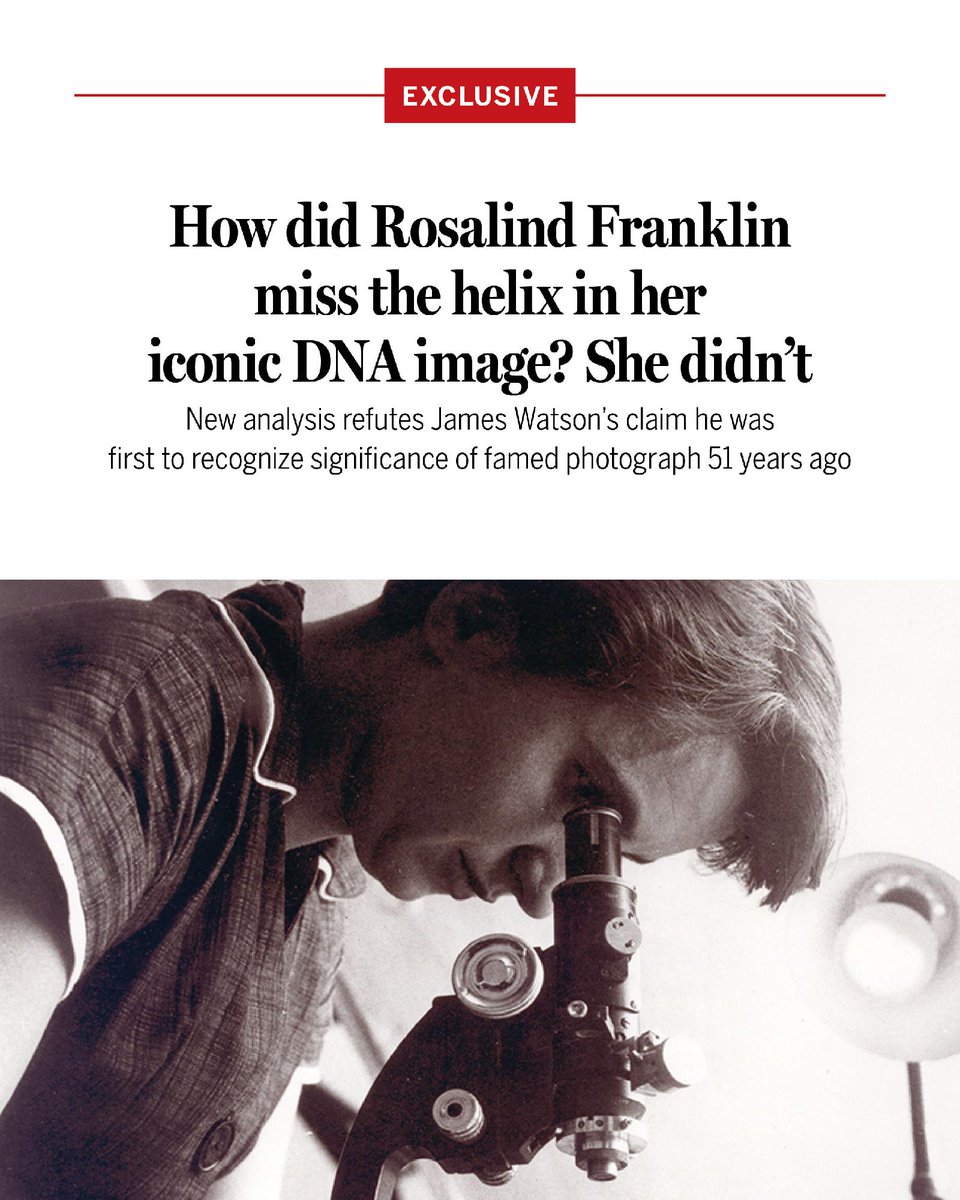 ScienceMagazine's tweet photo. Exclusive: “The instant I saw the picture my mouth fell open and my pulse began to race.” So wrote James Watson in The Double Helix: A Personal Account of the Discovery of the Structure of DNA, his controversial account of how he and Francis Crick deciphered the structure of DNA in 1953.

The image, now known as photograph 51, showed an elegant, symmetrical pattern of spots formed by x-rays diffracted from strands of DNA—the fingerprint of the molecule's helical structure.

Rosalind Franklin, an x-ray crystallographer, had produced the image in the spring of 1952. But Watson's 1968 book, amid other slights and sexist language directed at Franklin, implied the flash of insight was his alone.

Popular accounts still routinely suggest Franklin missed the significance of the photo. She never had a chance to challenge Watson's dismissive narrative; she died of cancer in 1958, a decade before his memoir was released and became a bestseller.

But a new analysis of her notes on another x-ray image, which she made just days earlier using the same DNA sample, offers a firm rebuttal.

Learn more: https://t.co/GelhBz9Sb5 @NewsfromScience