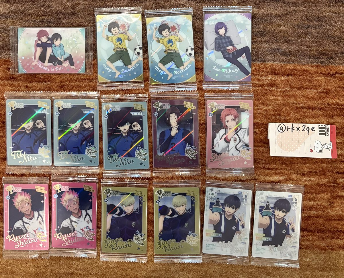 rkx2qe's tweet photo. ブルーロック ウエハース6

交換
【譲】画像一枚目 シークレット　蜂楽 玲王 二子 久遠 千堂 士道 雷市 潔

【求】💖>💕

条件の良い方、纏めての方優先
シークレット、お昼寝は凪を含む取引できる方優先

郵送のみ
検索からでもお気軽にお声掛けください。 https://t.co/qaVtfqk4Od