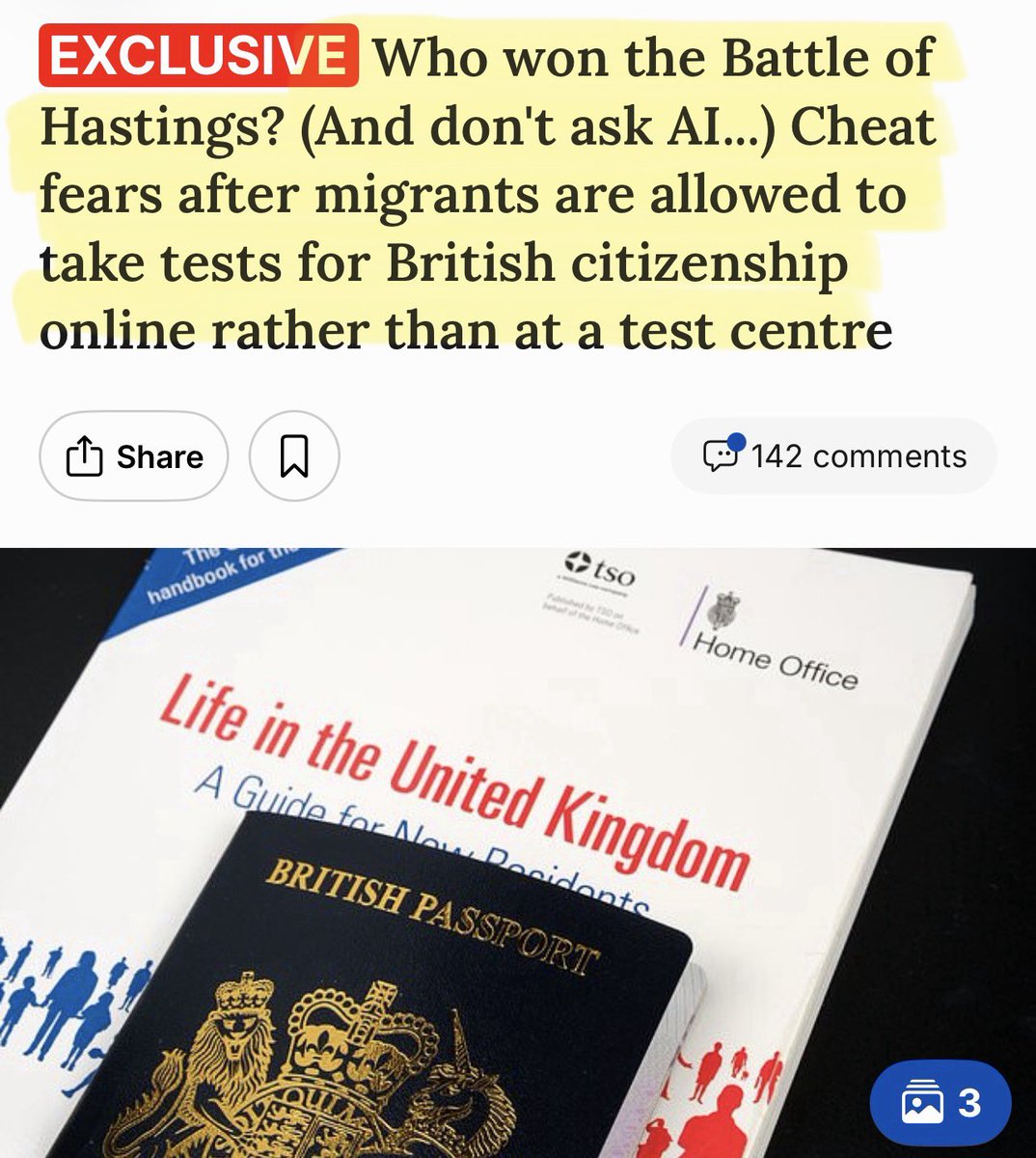 Artemisfornow's tweet photo. The government is considering scrapping face to face citizens tests for migrants and spending £110 million of taxpayers money instead on an unsupervised online test.

Brilliant. Now anyone can pass! Ai can answer the questions and thousands more none British people will be made erm … British.

(Which is handy for the statistics)