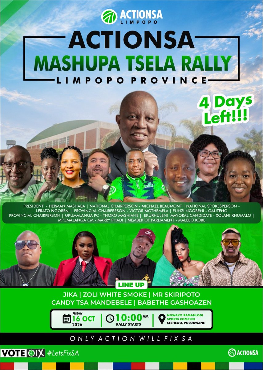 Miz_Ruraltarain's tweet photo. Good morning, Patriots! π
With just 4 days left until the #MashupaTselaRally, the countdown is officially on! Letβs fill the Ngoako Ramatlhodi Hall with the unstoppable energy of change.
We are standing at a critical crossroads, and Polokwane deserves leadership that doesn't just promise the future, but actively builds it.
It is time to restore pride, safety, and prosperity to our communities. Together, under the visionary leadership of #VictorMothemelaForPolokwaneMayor, we can turn things around.
Your city, your vote, your future.
Letβs stand united and make our voices heard.
#LetsFixPolokwane π
#VoteActionSA