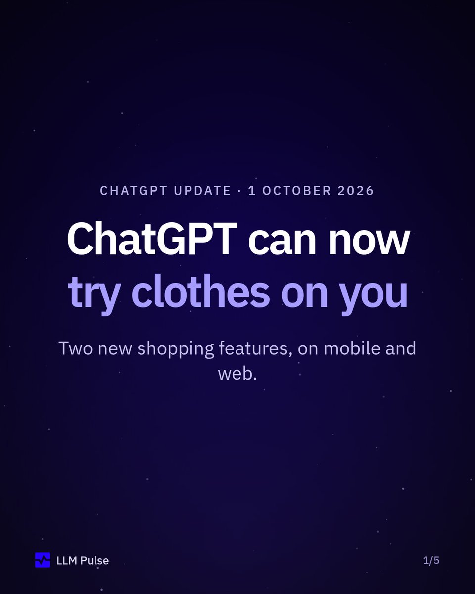 LLMPulse's tweet photo. OpenAI announced two ChatGPT shopping features on 1 October:

• A "Try on" button for clothing and accessory listings. Upload a selfie or full-body photo, get a virtual try-on.
• Save products to Favorites or folders.

Selling fashion? Check how your listings look in ChatGPT. https://t.co/WmbYqrZPFO