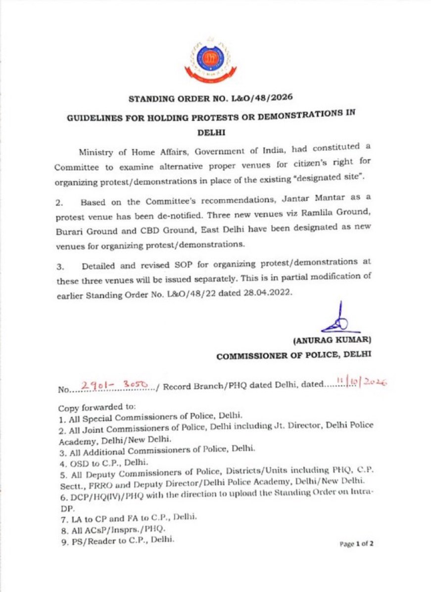 TrishulTactics's tweet photo. JUST IN🚨:

Jantar Mantar is No Longer a Protest Site.Jantar Mantar De-Notified as a Protest Venue.

3 new Venues Designated for Protests Ramlila Ground, Burari Ground and CBD Ground Named as New Protest Venues in Delhi. https://t.co/KTHRHOSESp