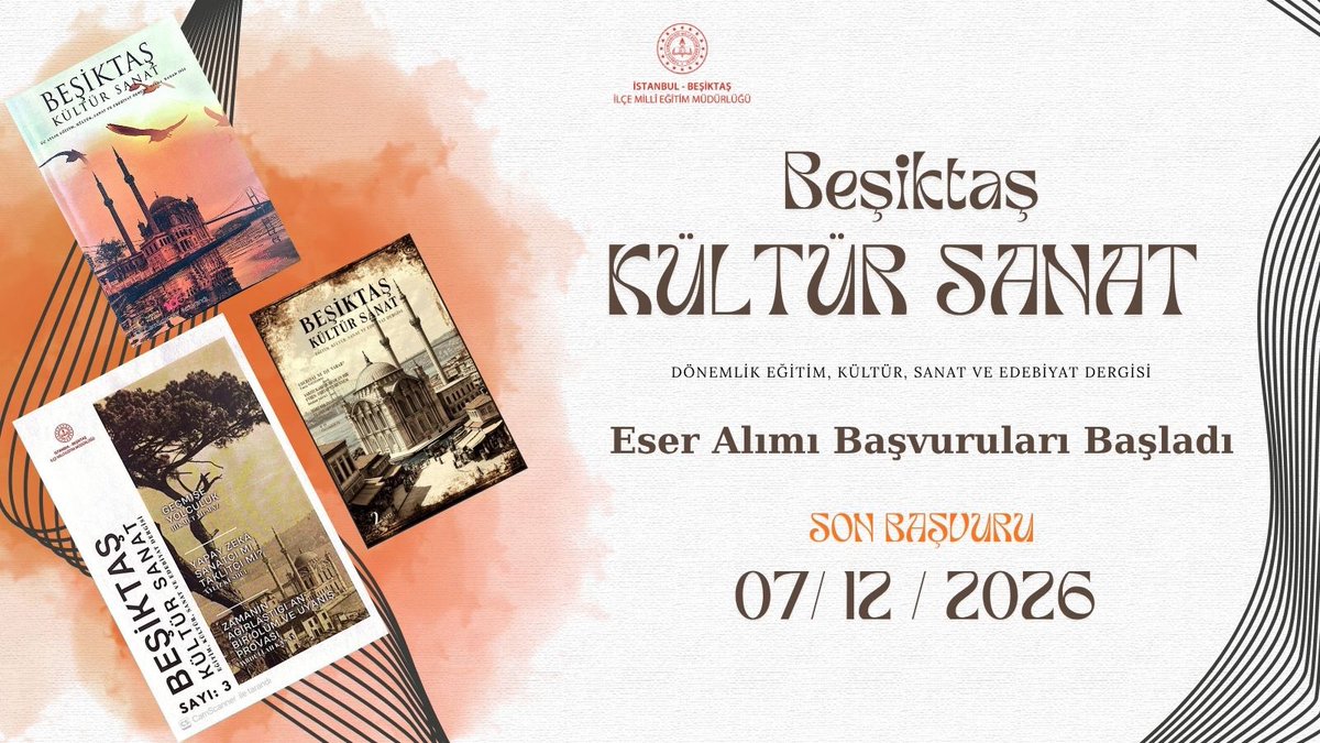 BesiktasMEM's tweet photo. ✨ Beşiktaş Kültür Sanat Dergisi yayın hayatına devam ediyor. Yeni dönem için öğrenci, öğretmen ve yazar başvuruları başvurularımız başladı. Dergimize Şiir, Öykü, Deneme, Biyografi, Anı ve Eleştiri (Kitap/Sinema) türlerinde en fazla iki eserle başvuru yapılabilir. 🎞️📖🔖

Öğretmen, öğrenci ve yöneticilerimizin metinlerini heyecanla bekliyoruz. Son başvuru: 07/12/2026. Başvurmak için aşağıdaki google form linkini kullanabilirsiniz. 

https://t.co/fhZ1GBacJ5

@tcmeb @Yusuf__Tekin 
@istanbulilmem @MucahitYentur 
@sedat_iskk