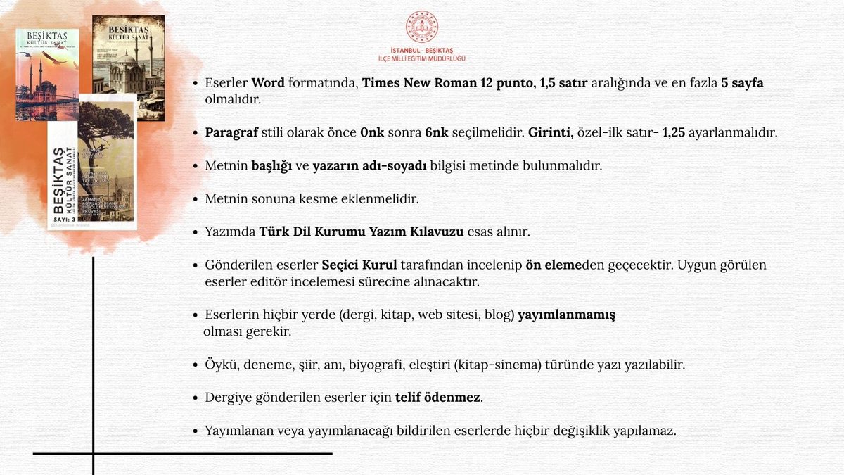 BesiktasMEM's tweet photo. ✨ Beşiktaş Kültür Sanat Dergisi yayın hayatına devam ediyor. Yeni dönem için öğrenci, öğretmen ve yazar başvuruları başvurularımız başladı. Dergimize Şiir, Öykü, Deneme, Biyografi, Anı ve Eleştiri (Kitap/Sinema) türlerinde en fazla iki eserle başvuru yapılabilir. 🎞️📖🔖

Öğretmen, öğrenci ve yöneticilerimizin metinlerini heyecanla bekliyoruz. Son başvuru: 07/12/2026. Başvurmak için aşağıdaki google form linkini kullanabilirsiniz. 

https://t.co/fhZ1GBacJ5

@tcmeb @Yusuf__Tekin 
@istanbulilmem @MucahitYentur 
@sedat_iskk