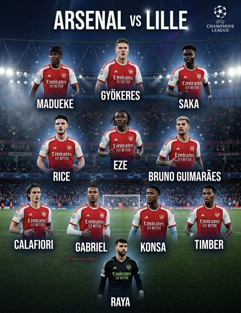 TheArsenalMind's tweet photo. This is the Arsenal XI I'd go with against Lille. Thoughts? https://t.co/JYqdTL4dMX