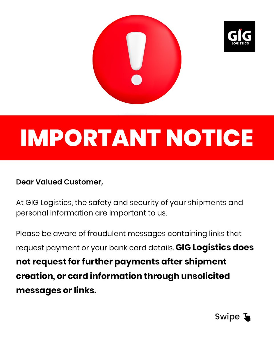 GiGLogistics's tweet photo. Before you click that link, stop and check! 🚨

Scammers may send fake delivery messages asking for extra payments or your bank card details. Don’t fall for it.

📦 Verify your shipment: https://t.co/q62RlasjVH
❌ Don’t click suspicious links.
🔒 Never share your card details through unsolicited messages or links.

To report suspicious requests, contact us:
📧 info@giglogistics.com
📞 07080960441
📞 07077566565

Stay alert. Share this notice. Help stop fraud. 💙

#GIGLogistics #FraudAlert #OnlineSafety #WeDeliver