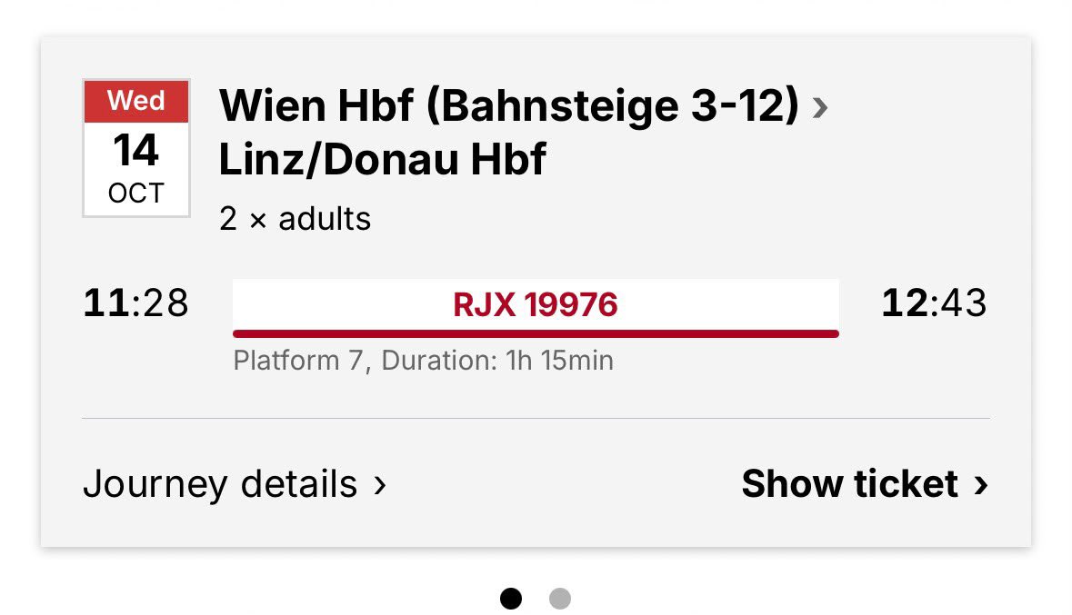 PM101_'s tweet photo. @Dutton_1986 I’m flying 9:15 tomorrow morning to Bologna, 3 hour wait there then fly to Vienna, get there at 5:30pm. Got a gaff in Vienna city centre, then this train to Linz Wednesday morning. https://t.co/QqOVwjLJgh