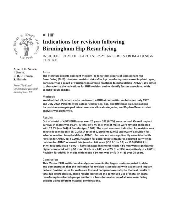 Abstract text for article titled 'Indications for revision following Birmingham Hip Resurfacing'.
The Bone & Joint Journal