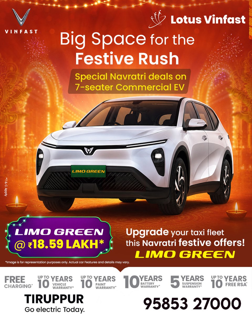 LotusVinfastTPR's tweet photo. 🪔 Make This Navratri a Smart Move! ⚡

Celebrate the festive season with the VinFast Limo Green, the ultimate 7-seater commercial EV for your taxi business!

📍 Lotus VinFast, Tiruppur
📞 95853 27000

#LotusVinFast #LimoGreen #NavratriOffers #ElectricVehicle #EVIndia https://t.co/Gsmh1oORii