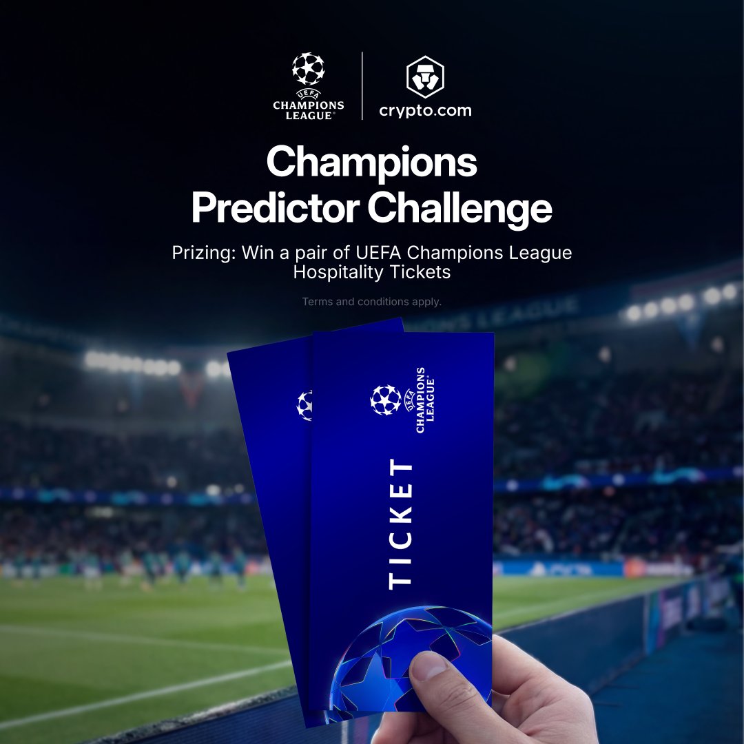 cryptocom's tweet photo. The Champions Predictor Challenge is live for @ChampionsLeague Matchday 2!

Stand to win First Class UCL Matchday 3 tickets:
→ Join the Champions Predictor Challenge
→ Make four correct yes/no calls
→ Automatically enter the First Class ticket draw

10 winners. Ends Oct 14, 2026. Join 👉 https://t.co/H1rwVk2iOy