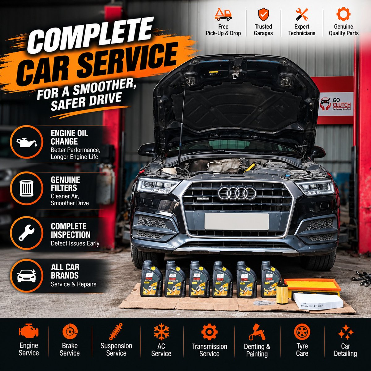 GoClutch1's tweet photo. 🚗🔧 Complete car care with Go Clutch!

🛢️ Oil changes
🔍 Inspections
❄️ AC service
🛑 Brake service
🛞 Tyre care
✨ Detailing
✅ Expert technicians &amp; genuine quality parts
🚚 Free pick-up &amp; drop

📅 Book your car service today!

#GoClutch #CarService https://t.co/kS65mGsSwu
