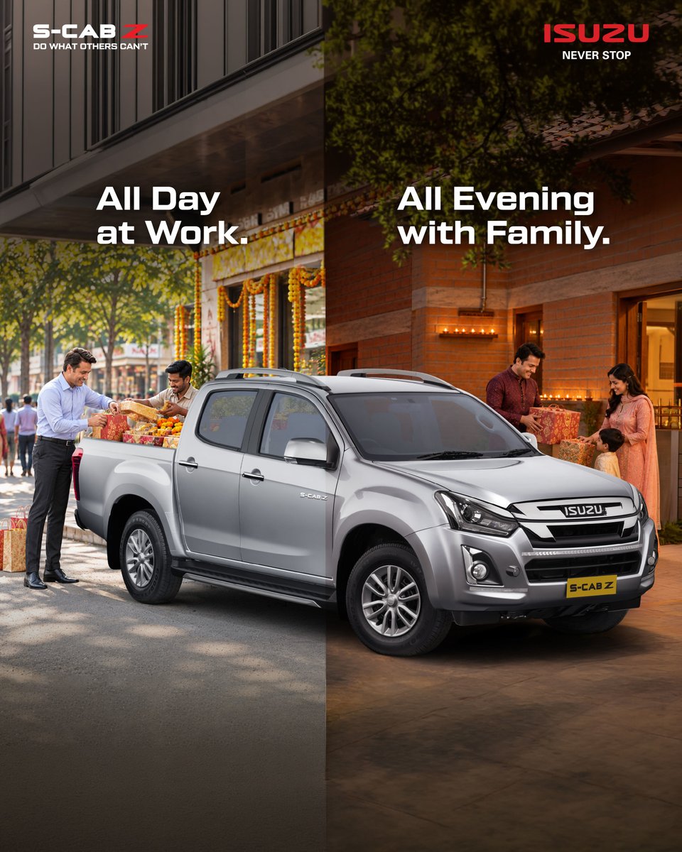 IsuzuIndia's tweet photo. Big days at work deserve the best moments at home. The ISUZU S-CAB Z brings the strength to keep your business moving and the space to make every family occasion count.
#ISUZUSCabZ #HighPerformance #DoWhatOthersCant #NeverStop https://t.co/09Gr7Wk3ds
