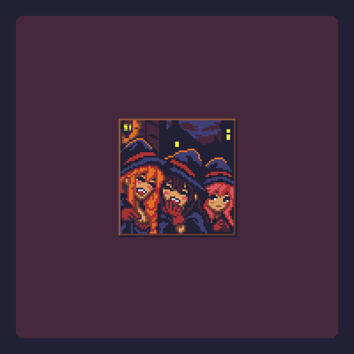 CompromiseDev's tweet photo. It's been a while since I drew new event images 🥰

You pass three young Witches in the Night. 
Two of them laugh at you.

The third one...? she's not laughing... 💀

#gamedev #indiedev #pixelart #ドット絵 https://t.co/ADqBrVU6Xa
