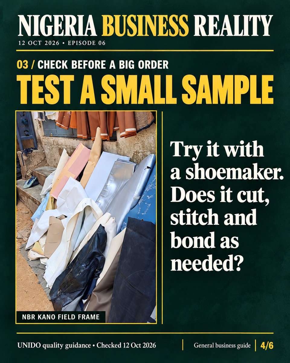 msani0248's tweet photo. Who supplies the shoemaker?

The materials side of footwear: shoe tops, soles, linings, glue and thread.

Choose a product line, describe it clearly and test a sample before a big order. With our Kano field footage. 1/2

#NigeriaBusinessReality https://t.co/SZ8Eocb3hO
