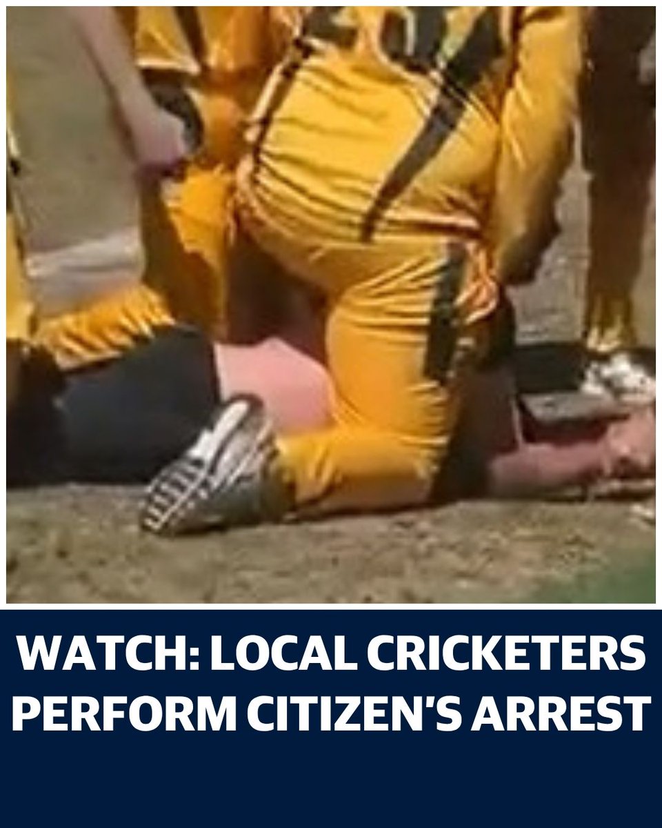 leadercricket's tweet photo. A group of local cricketers playing in Brighton performed a citizen’s arrest after a man interrupted their match and allegedly headbutted a spectator and bit a player on Saturday.

STORY: https://t.co/Z1oR8uby3R https://t.co/vSoWICIAIi