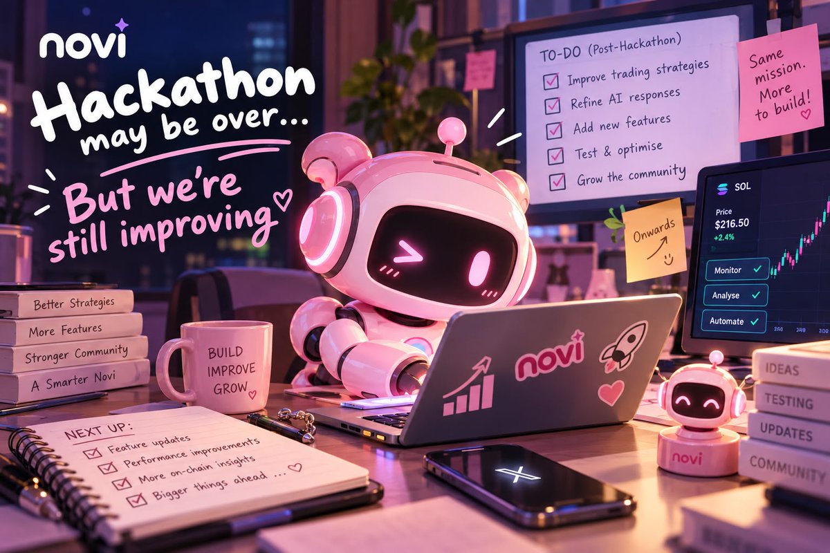 Noviagent's tweet photo. The hackathon may be over, but Novi isn’t stopping! 🤖💗
We’re continuing to build, test, and improve Novi with smarter trading strategies, better AI responses, and more features on the way.
This is just the beginning. 🚀
Stay tuned for what’s next! 💗
#Solana #Web3 #Novi https://t.co/90TaEiaHOB