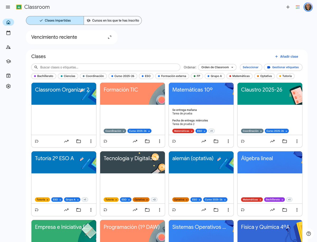 pfelipm's tweet photo. ¿Tu página de Google Classroom es un caos de clases? 

Te presento  #ClassroomOrganizer: etiquetas, búsqueda, filtros Y/O y orden por nombre.

Idea de @eneko_fc, hermana de #NotebookLMOrganizer.

https://t.co/T5hcI9jrhY

En #BuildInPublic antes de la Chrome Web Store, ¡pruébala! https://t.co/dSXR2KeTO9