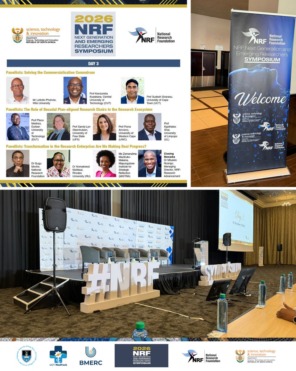 UCTMedTech's tweet photo. 𝐁𝐫𝐢𝐝𝐠𝐢𝐧𝐠 𝐑𝐞𝐬𝐞𝐚𝐫𝐜𝐡 𝐚𝐧𝐝 𝐭𝐡𝐞 𝐌𝐚𝐫𝐤𝐞𝐭 𝐚𝐭 𝐭𝐡𝐞 𝟐𝟎𝟐𝟔 𝐍𝐆𝐄𝐑 𝐒𝐲𝐦𝐩𝐨𝐬𝐢𝐮𝐦

BMERC/UCT MedTech's Prof Sudesh Sivarasu took part in the panel "Solving the Commercialisation Conundrum" on Day 3 of the 2026 National Research Foundation (NRF) Next Generation and Emerging Researchers Symposium in Boksburg, Gauteng.

He shared the stage with Mr Letlotlo Phohole of the University of the Witwatersrand (Wits) and Prof Kanzumba Kusakana of the Central University of Technology (CUT). Dr Bathabile Ramalapa of the Council for Scientific and Industrial Research (CSIR) facilitated the session.

Prof Sivarasu spoke about designing affordable medical devices for local clinical needs. He urged emerging researchers to test their ideas against the market early by asking who the user is, who pays and who cares. For academics, he said, "Your first biggest challenge is your first sale."

He also called for innovation fellowships and for innovation to count towards academic promotion.
Spaces like this keep BMERC/UCT MedTech close to the funders, institutions and industry voices who shape the journey from research to impact.

Thank you to the National Research Foundation for the invitation, and to Dr Ramalapa, Mr Phohole and Prof Kusakana for sharing the stage.

#NGERsymposium2026 #ResearchForABetterSociety #Commercialisation #BiomedicalEngineering #UCTMedTech #UCT

@SudeshSivarasu
@UCT_news
@NRF_News
@UCTHealthSci
@dstigovza