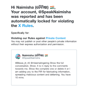 Schandillia's tweet photo. Have some shame, @X. A girl gets harassed and doxxed on your platform and SHE becomes the bad one? Just because she filed a police complaint and announced it? The fuck is this retardation? Stay strong, @SpeakNaimisha, none of this should stop the bastards from getting their due. https://t.co/iIgMnIFYOP